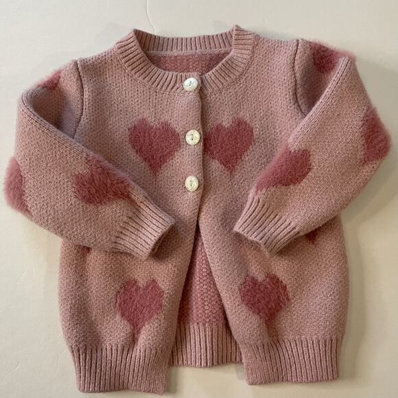 Other Other - Pink Soft Heart Button Cardigan Sweater 📍Size 12-18M